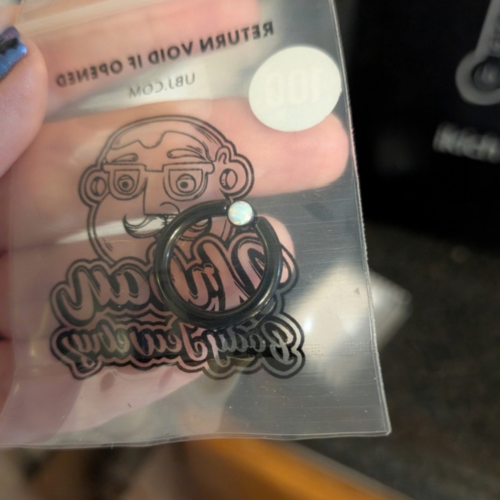 Black Hoop Nose Ring with Opal Accent